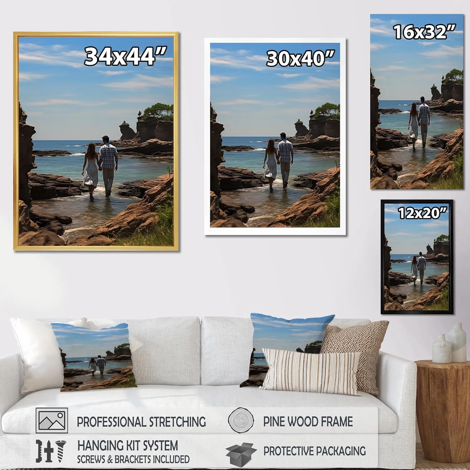DesignQ Large Beach Wall Art, Seaside Stroll Beach Photo I, coastal Beach Brown Framed Wall art decor, Blue Nautical & Coastal Canvas wall art, 12x20 inches
