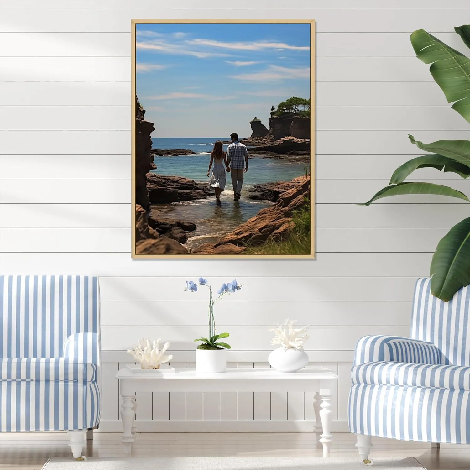DesignQ Large Beach Wall Art, Seaside Stroll Beach Photo I, coastal Beach Brown Framed Wall art decor, Blue Nautical & Coastal Canvas wall art, 12x20 inches