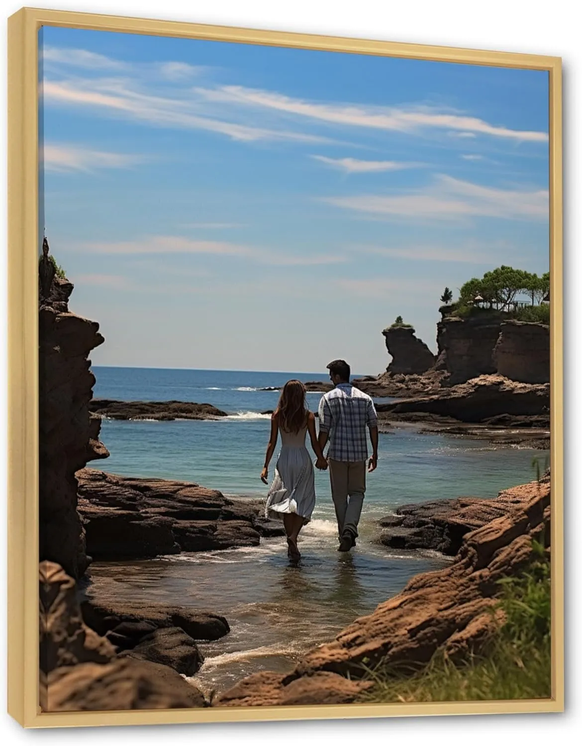 DesignQ Large Beach Wall Art, Seaside Stroll Beach Photo I, coastal Beach Brown Framed Wall art decor, Blue Nautical & Coastal Canvas wall art, 12x20 inches