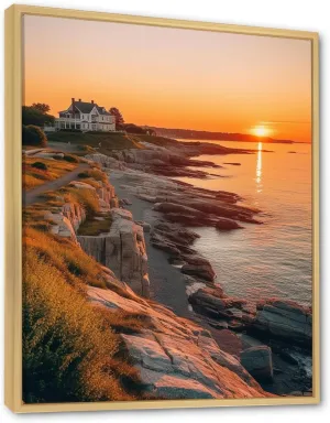 DesignQ New York Oversized Brown Framed Wall art decor, City New York Wall Art, Rhode Island Newport s Cliff Walk Seaside Stroll, Orange Traditional Canvas wall art, 12x20 inches