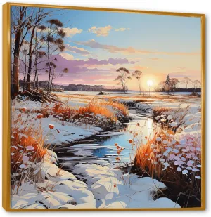 DesignQ Prairies Oversized framed wall art decor, Prairies framed wall art, Winter Scenery With Country Charm In The Prairies, Pink Canvas Golden framed wall art, 30x30 inches
