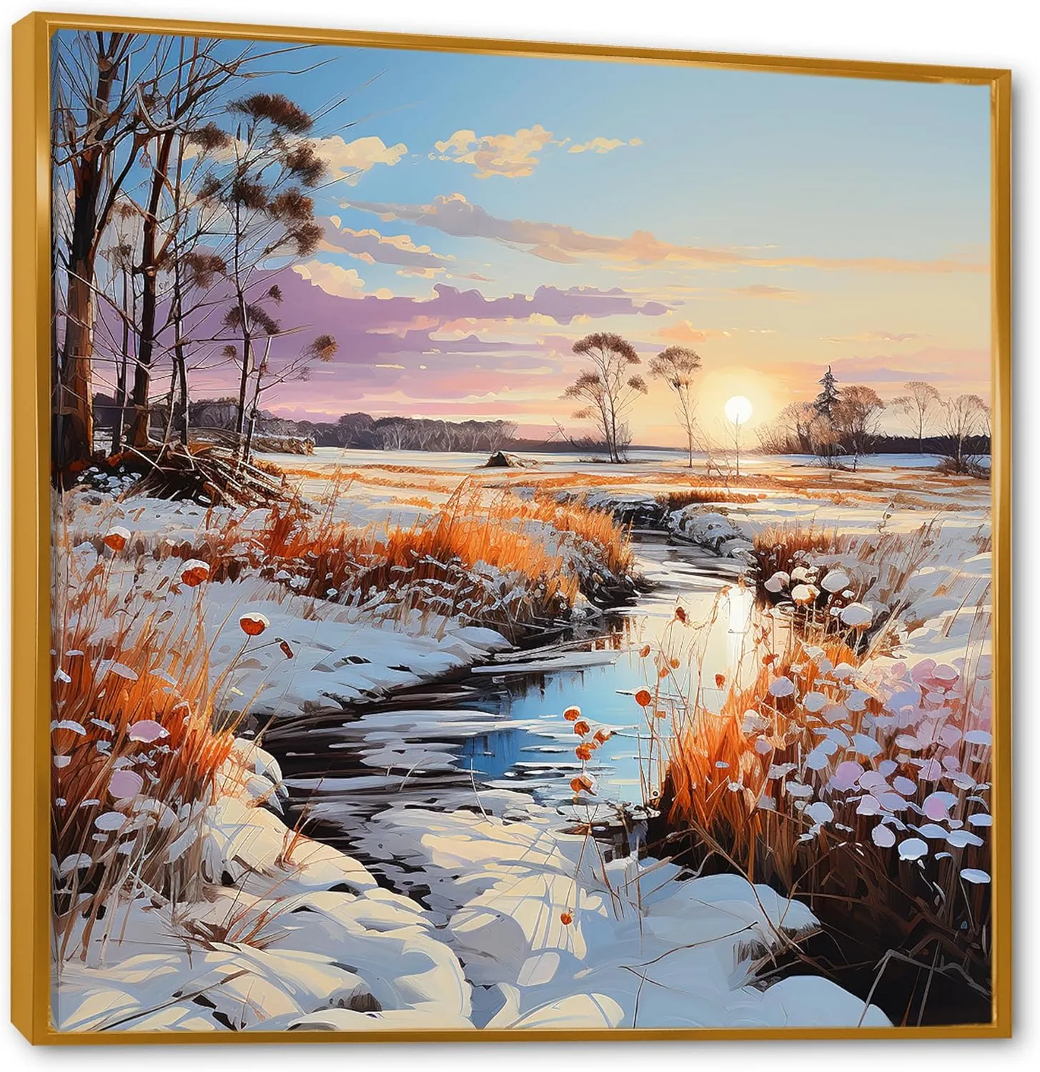 DesignQ Prairies Oversized framed wall art decor, Prairies framed wall art, Winter Scenery With Country Charm In The Prairies, Pink Canvas Golden framed wall art, 30x30 inches