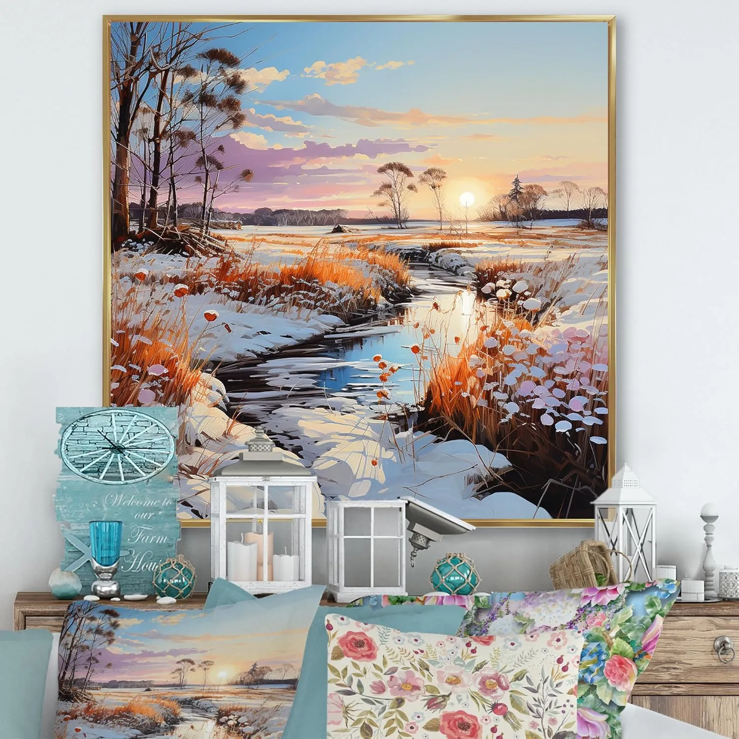 DesignQ Prairies Oversized framed wall art decor, Prairies framed wall art, Winter Scenery With Country Charm In The Prairies, Pink Canvas Golden framed wall art, 30x30 inches