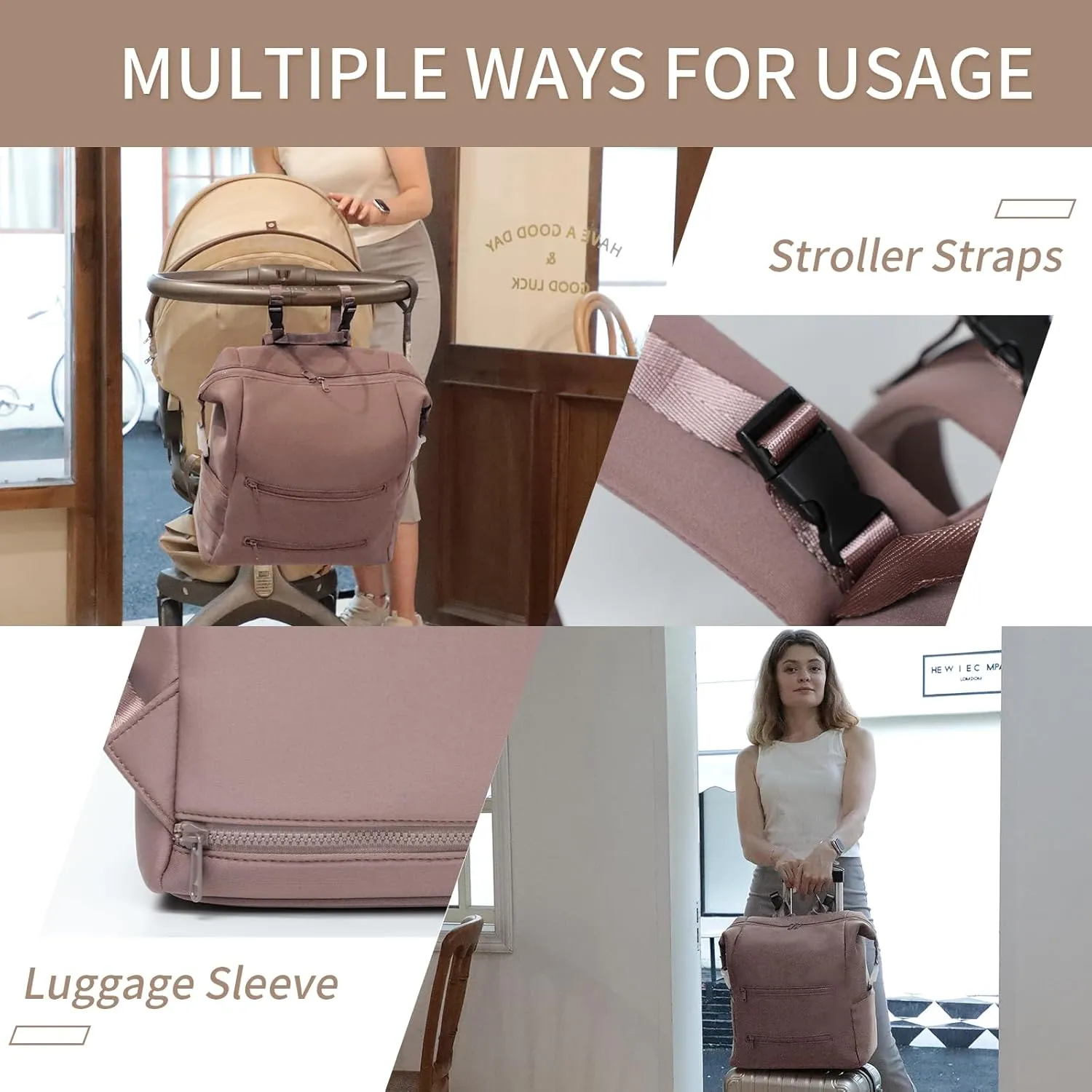 Diaper Bag Backpack,Large Neoprene Baby Bag for Boys Girls with 15 Diaper Bag Organizer,2 Insulated Pockets,Changing Pad,Stroller Straps,Mauve