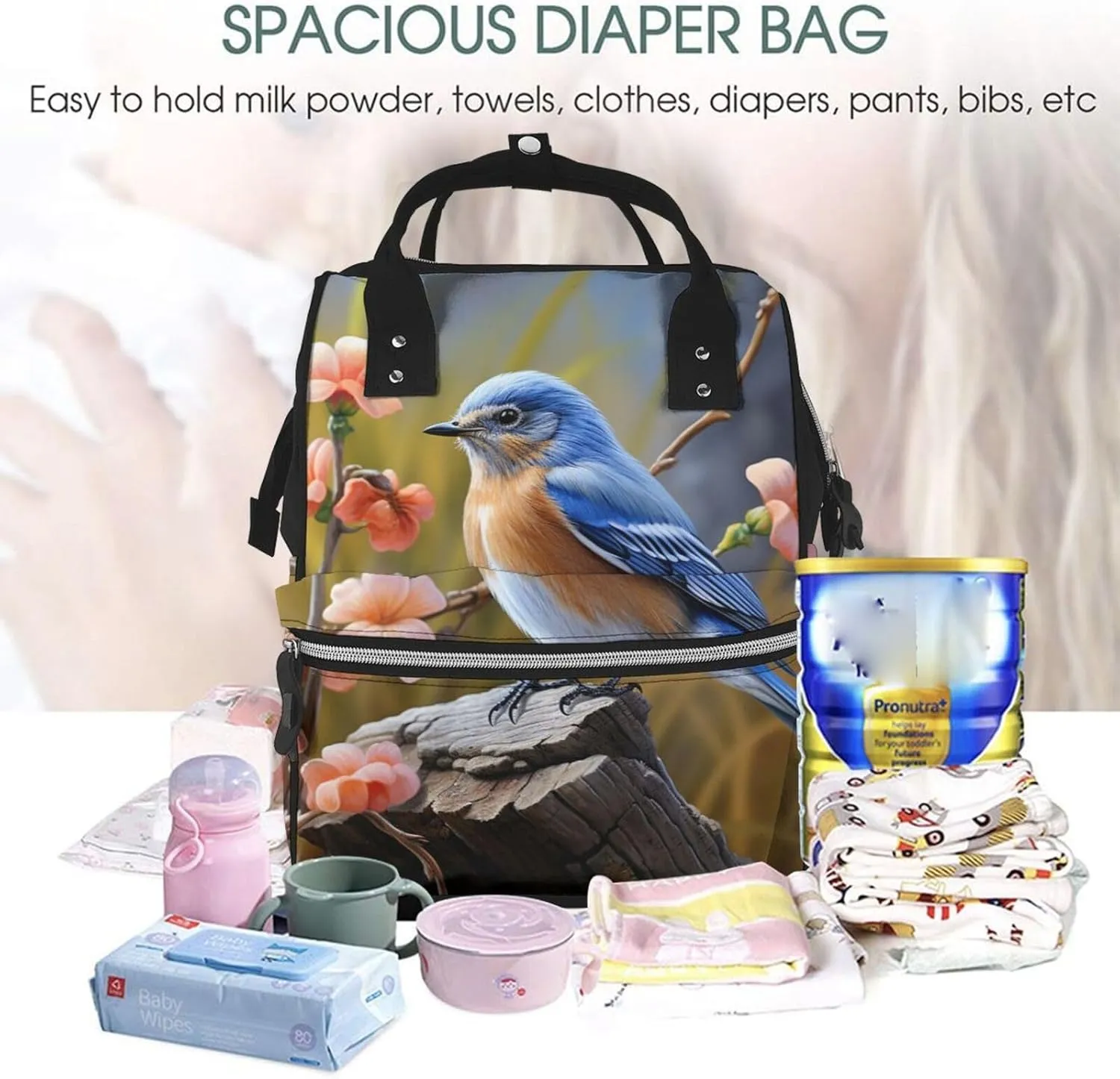 Diaper Bag Nappy Backpack Baby Bag Opossum and Roses Mummy Backpack Multifunction Changing Bags for Travel, Eastern Bluebird, One Size