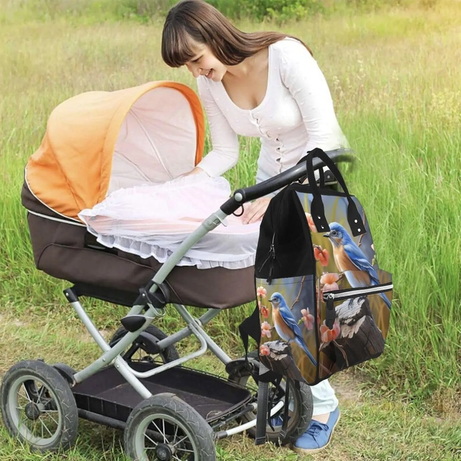 Diaper Bag Nappy Backpack Baby Bag Opossum and Roses Mummy Backpack Multifunction Changing Bags for Travel, Eastern Bluebird, One Size