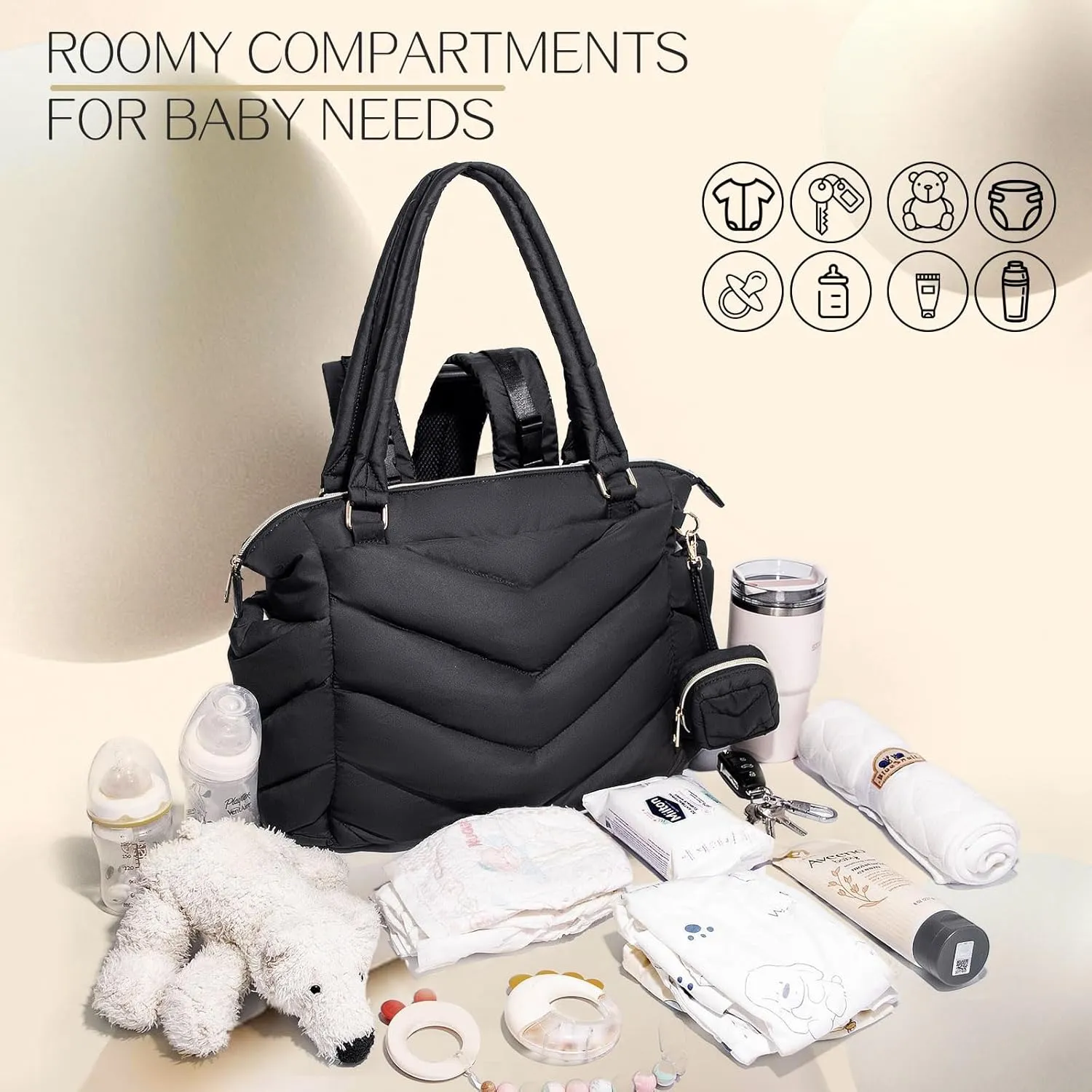 Diaper Bag Tote, Diaper Bag Backpack,Puffer Tote Bag with Pacifier Case, Lightweight Mommy for Hospital, Puffy with 10 Pockets, Convertible Baby for Travel, Black