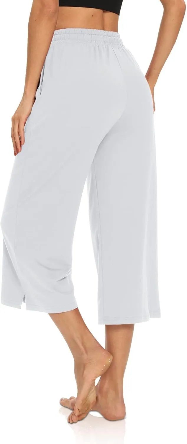 DIBAOLONG Womens Capri Pants Loose Yoga Pants Wide Leg Drawstring Comfy Lounge Pajama Capris Sweatpants with Pockets