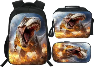 Dinosaur Backpack 3 PCS Set for Boys Girls, T-Rex School Bag with Lunch Box Pencil Case, Cool Dino Lightweight Bookbag, Perfect for Elementary Middle School Students