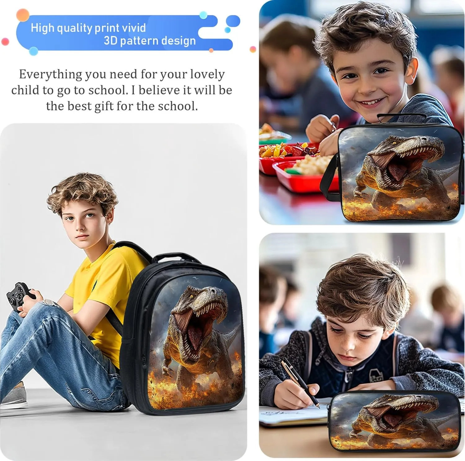 Dinosaur Backpack 3 PCS Set for Boys Girls, T-Rex School Bag with Lunch Box Pencil Case, Cool Dino Lightweight Bookbag, Perfect for Elementary Middle School Students