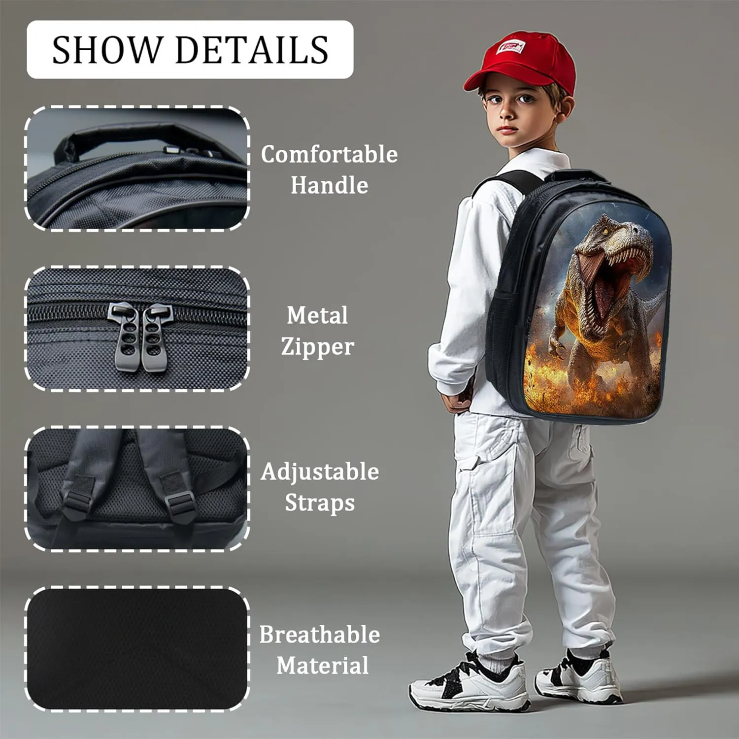 Dinosaur Backpack 3 PCS Set for Boys Girls, T-Rex School Bag with Lunch Box Pencil Case, Cool Dino Lightweight Bookbag, Perfect for Elementary Middle School Students