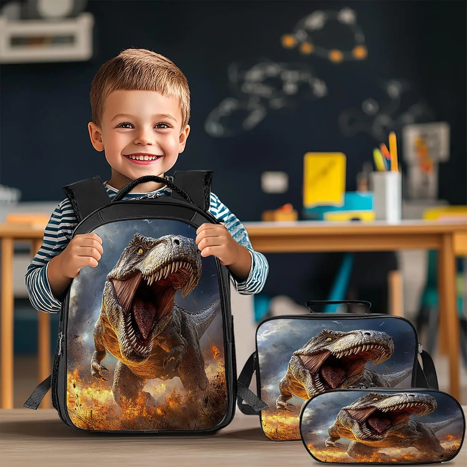 Dinosaur Backpack 3 PCS Set for Boys Girls, T-Rex School Bag with Lunch Box Pencil Case, Cool Dino Lightweight Bookbag, Perfect for Elementary Middle School Students