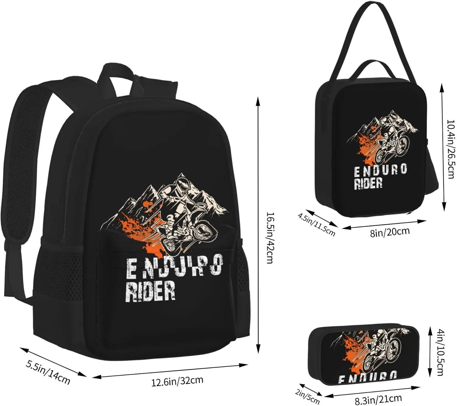 Dirt Bike Motocross Flying Jump Enduro Rider Multifunctional Pocket Backpack Crossbody Lunch Bag Pencil Case 3Pcs Set Large Capacity Backpack