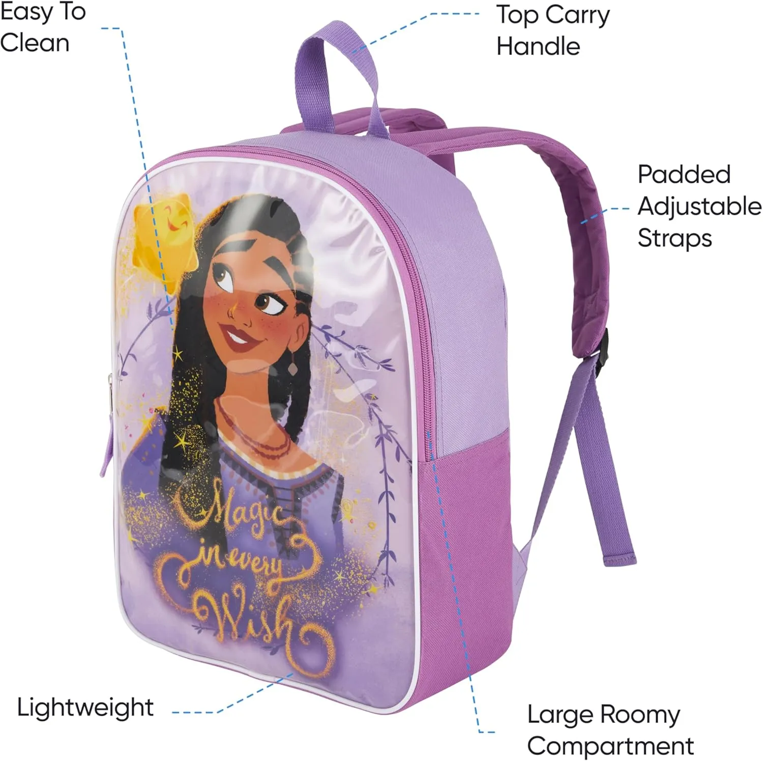 Disney Wish Backpack for Kids 15” | Cute Wish Bookbag for Girls | Padded Straps & Large Zip Compartment Wish Back to School Supplies