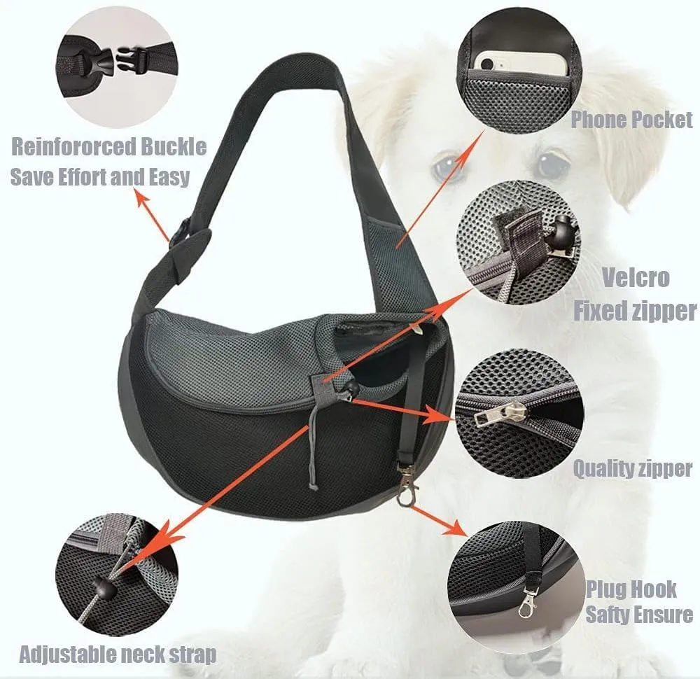 Dog Pet Sling Carrier Puppy Cat Sling Mesh Carrying Bag Adjustable Strap Breathble Small Dog Cat Satchel Carrier Hand Free Safe Front Backpack Soft Foldable Pet Purse Pouch Travel Outdoor