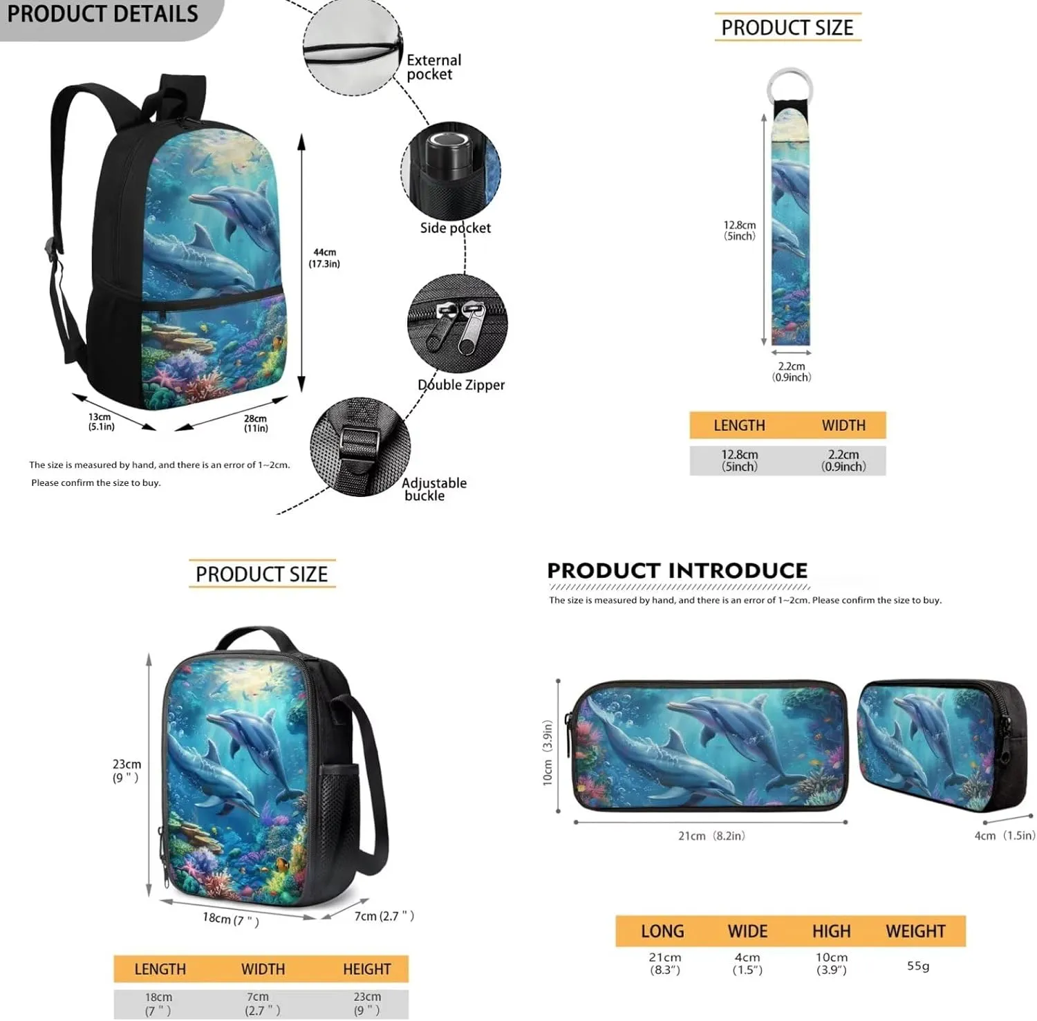 Dolphin Bookbag and Lunch Box Set 4 PCS Elementary School Bag for Boys 8-12 Lightweight Large Capacity Cute Backpack Set with Shoulder Strap