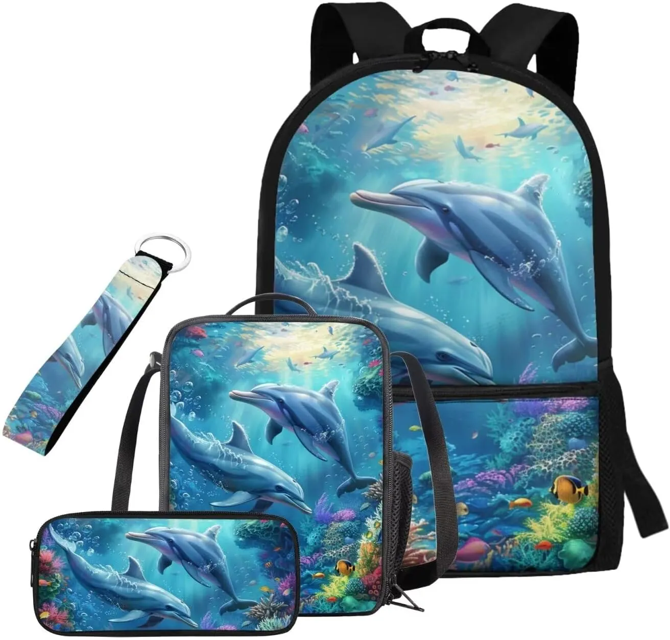 Dolphin Bookbag and Lunch Box Set 4 PCS Elementary School Bag for Boys 8-12 Lightweight Large Capacity Cute Backpack Set with Shoulder Strap