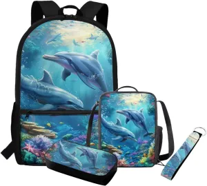 Dolphin Bookbag and Lunch Box Set 4 PCS Elementary School Bag for Boys 8-12 Lightweight Large Capacity Cute Backpack Set with Shoulder Strap