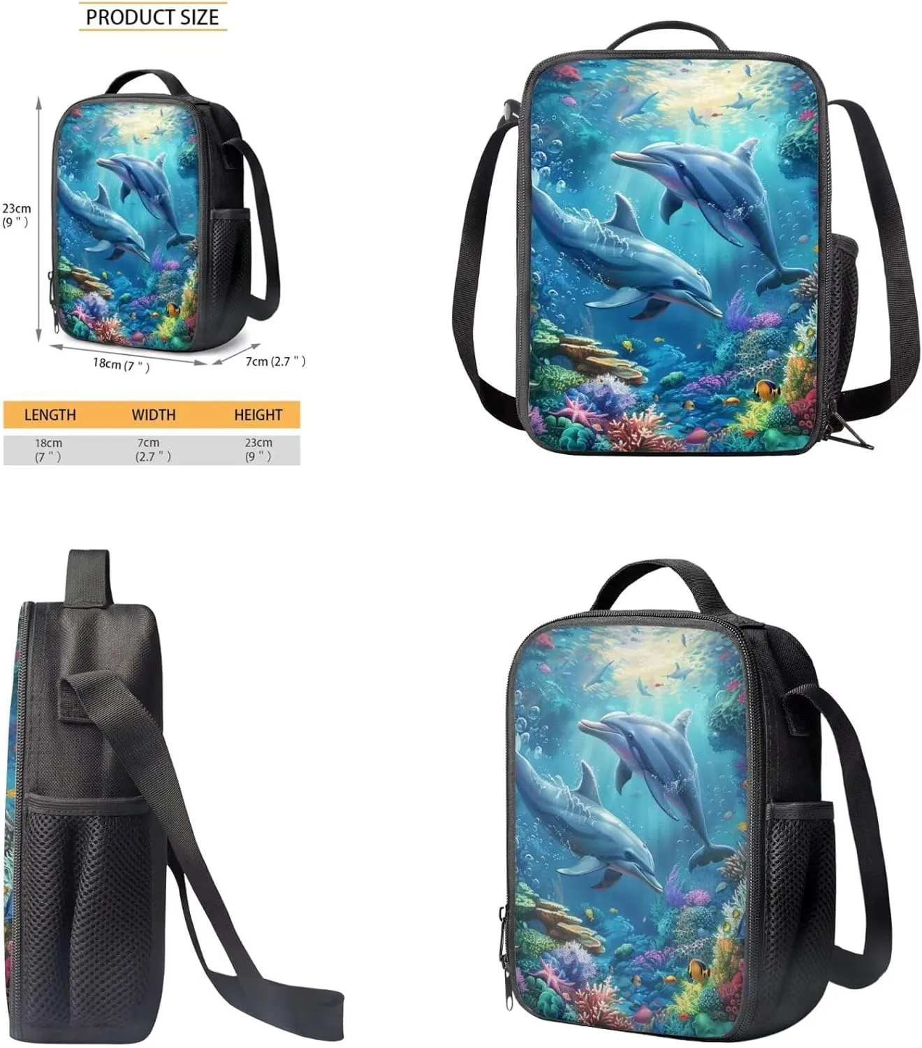 Dolphin Bookbag and Lunch Box Set 4 PCS Elementary School Bag for Boys 8-12 Lightweight Large Capacity Cute Backpack Set with Shoulder Strap