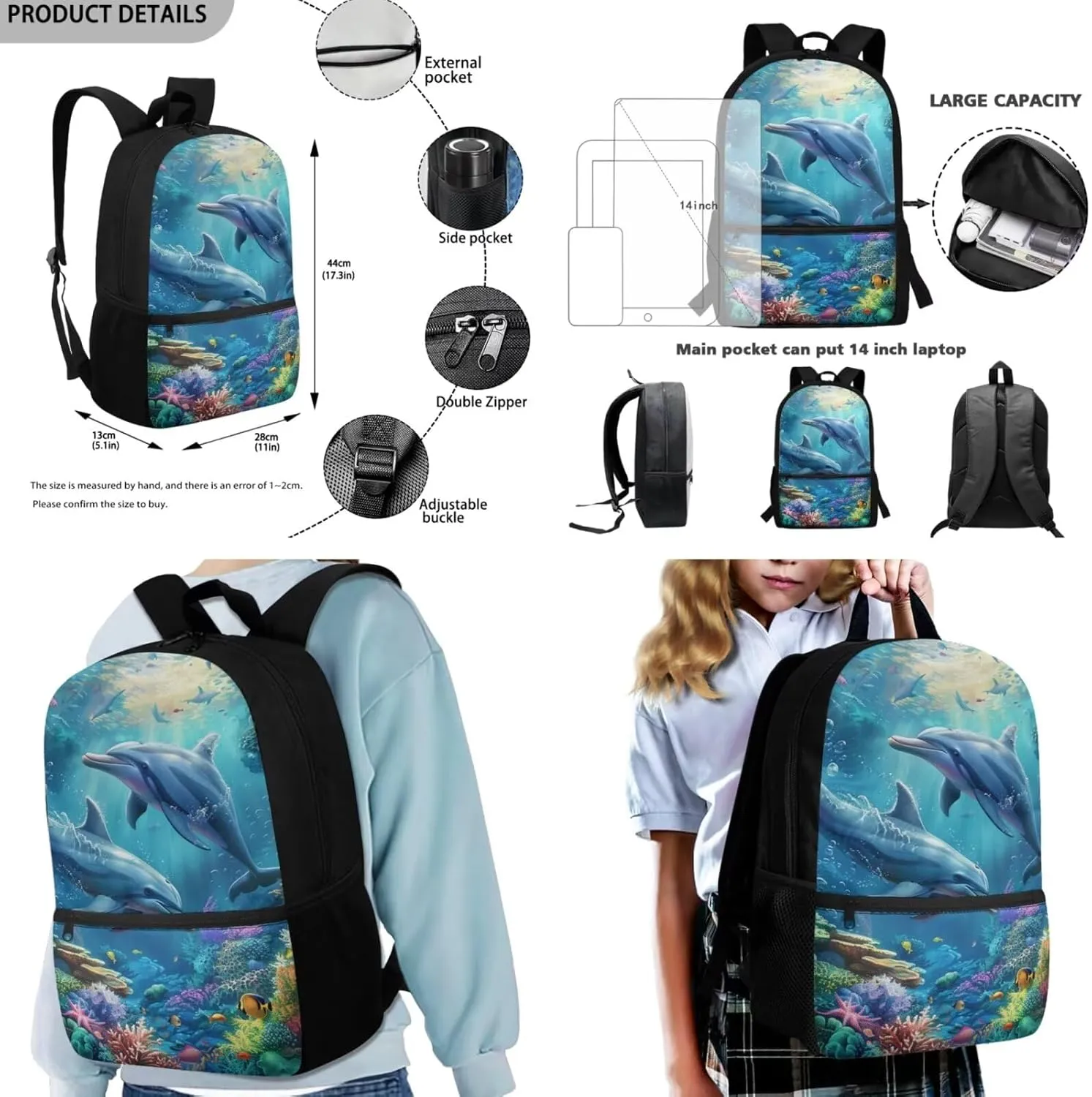 Dolphin Bookbag and Lunch Box Set 4 PCS Elementary School Bag for Boys 8-12 Lightweight Large Capacity Cute Backpack Set with Shoulder Strap