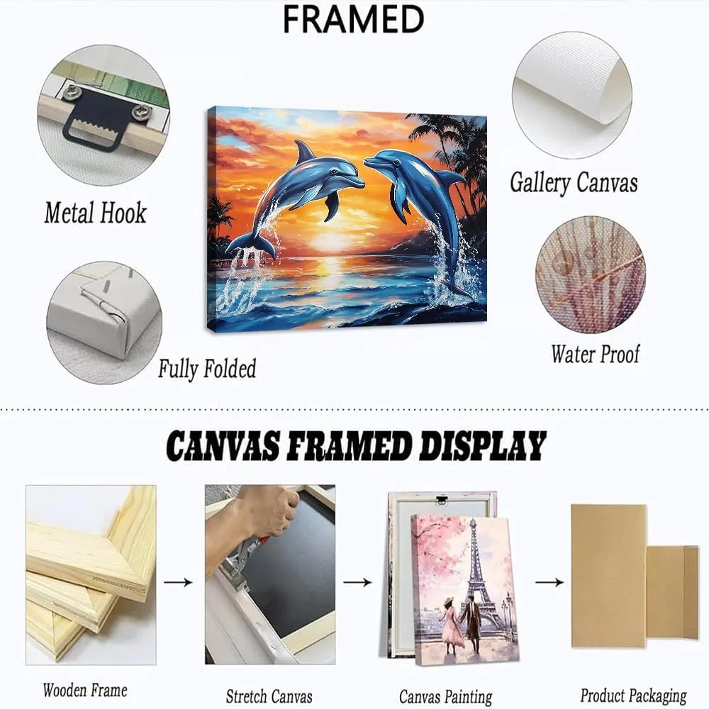 Dolphin Sunset Canvas Wall Art_ Two Dolphins Jumping at Sunset Ocean Beach Scene. High-quality canvas printing artwork decor,perfect posters for home living room bedroom wall decoration-Frame-US made-12x18inch