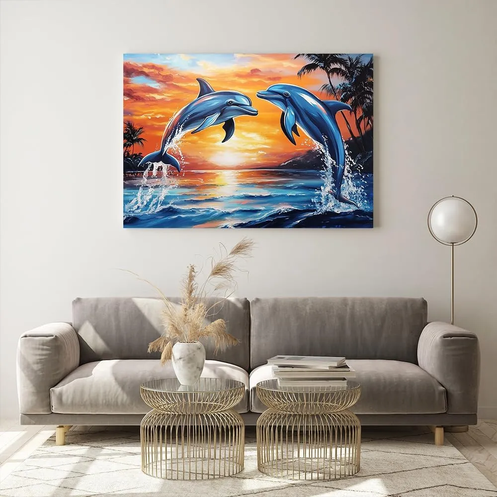 Dolphin Sunset Canvas Wall Art_ Two Dolphins Jumping at Sunset Ocean Beach Scene. High-quality canvas printing artwork decor,perfect posters for home living room bedroom wall decoration-Frame-US made-12x18inch
