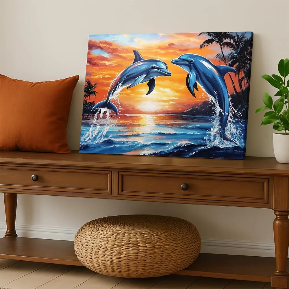 Dolphin Sunset Canvas Wall Art_ Two Dolphins Jumping at Sunset Ocean Beach Scene. High-quality canvas printing artwork decor,perfect posters for home living room bedroom wall decoration-Frame-US made-12x18inch