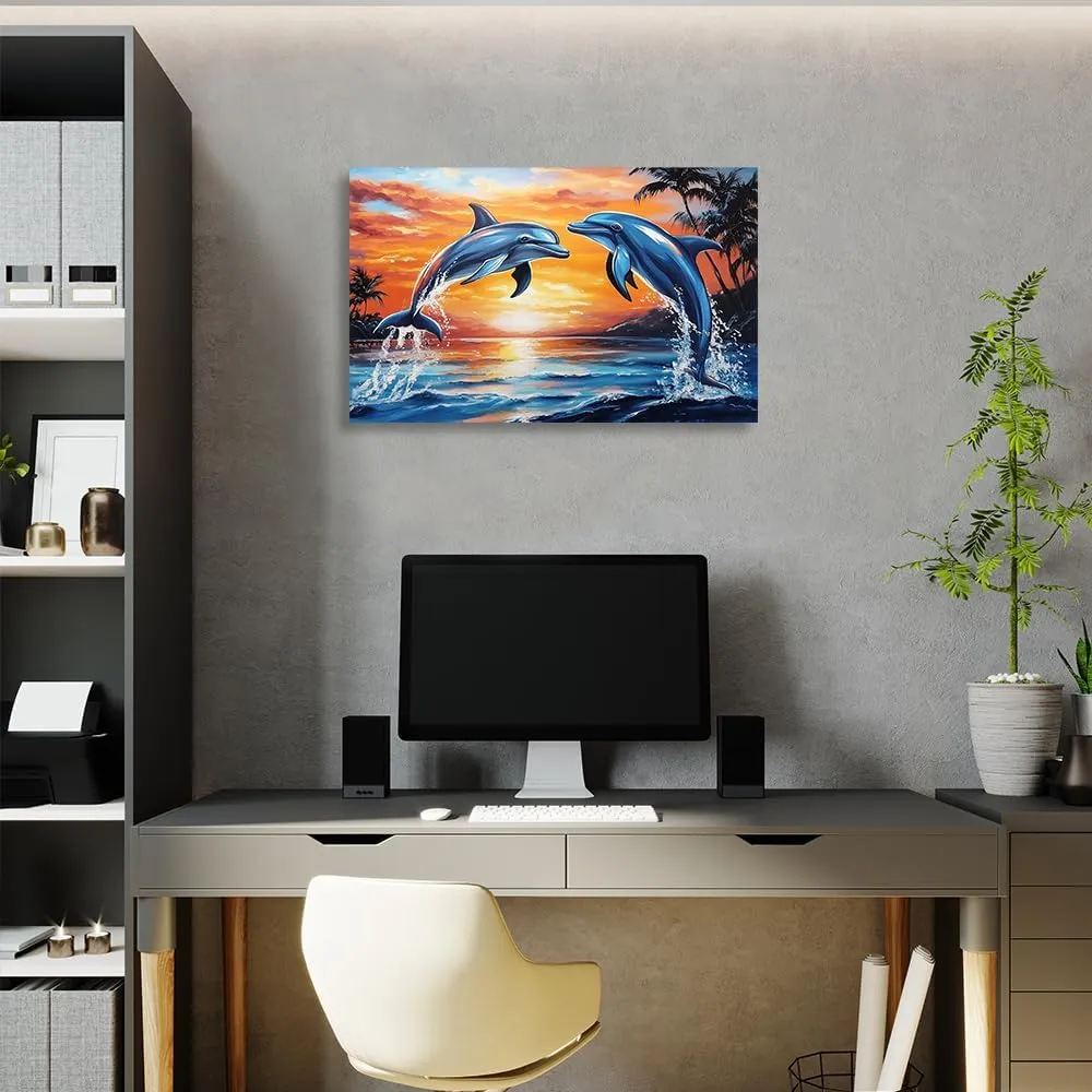 Dolphin Sunset Canvas Wall Art_ Two Dolphins Jumping at Sunset Ocean Beach Scene. High-quality canvas printing artwork decor,perfect posters for home living room bedroom wall decoration-Frame-US made-12x18inch