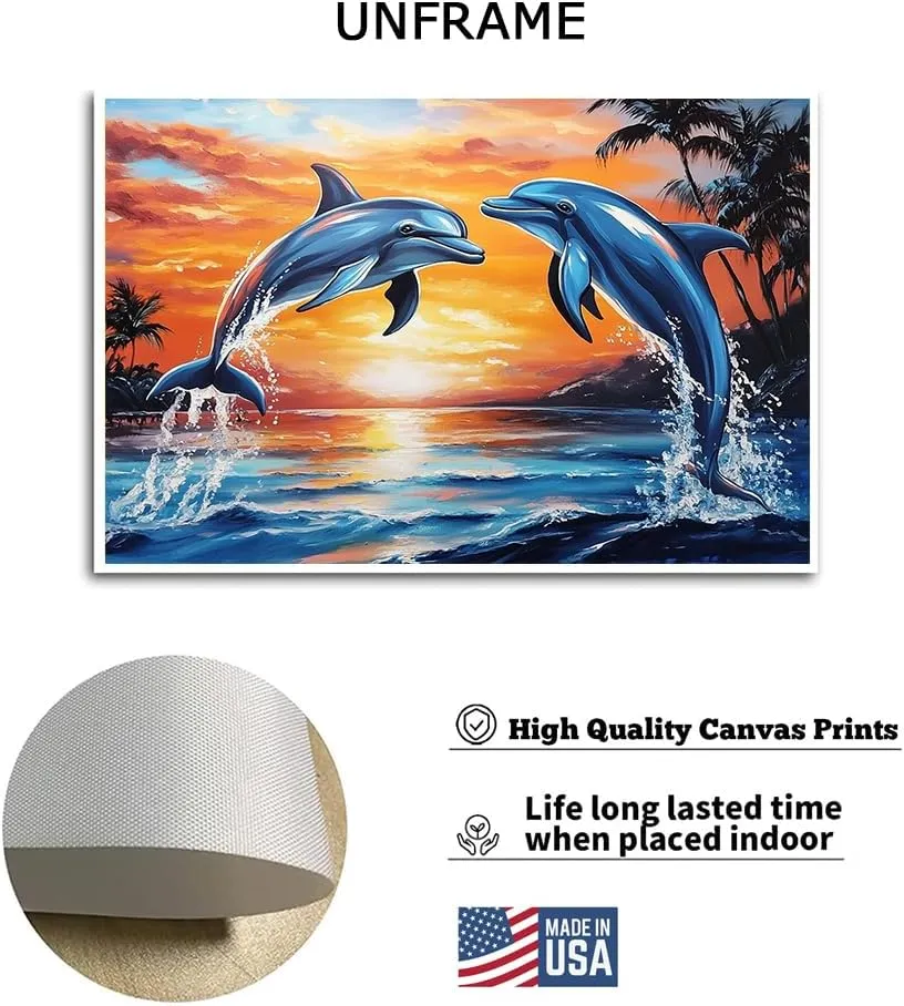 Dolphin Sunset Canvas Wall Art_ Two Dolphins Jumping at Sunset Ocean Beach Scene. High-quality canvas printing artwork decor,perfect posters for home living room bedroom wall decoration-Frame-US made-12x18inch