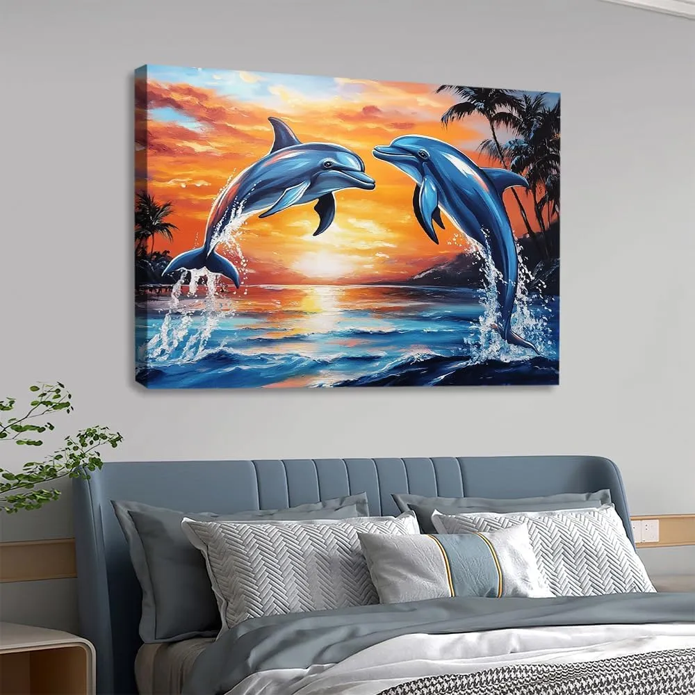 Dolphin Sunset Canvas Wall Art_ Two Dolphins Jumping at Sunset Ocean Beach Scene. High-quality canvas printing artwork decor,perfect posters for home living room bedroom wall decoration-Frame-US made-12x18inch