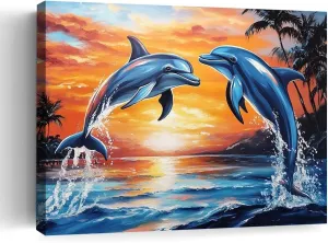Dolphin Sunset Canvas Wall Art_ Two Dolphins Jumping at Sunset Ocean Beach Scene. High-quality canvas printing artwork decor,perfect posters for home living room bedroom wall decoration-Frame-US made-12x18inch