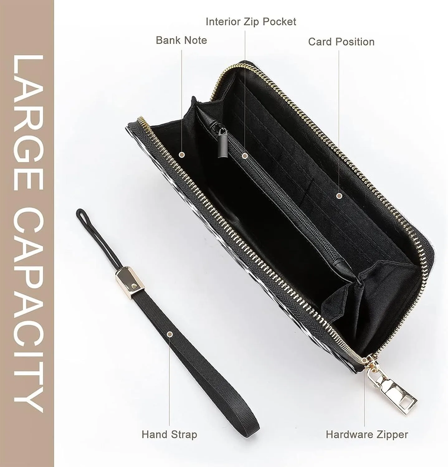 Donnapink Long Clutch Wallet, Long Handbag with Wristlet Strap, PU Leather Zip Purse