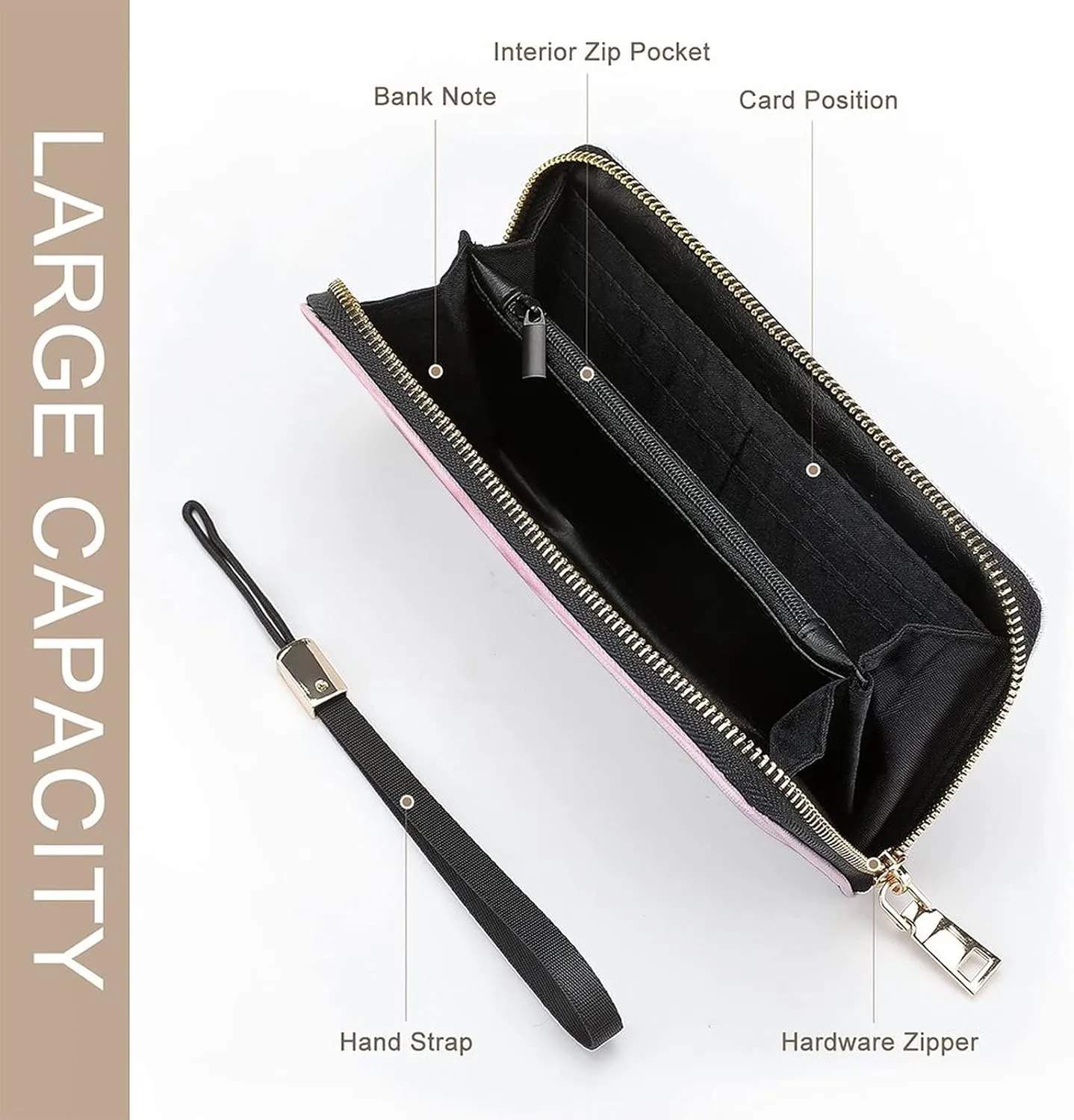 Donnapink Long Clutch Wallet, Long Handbag with Wristlet Strap, PU Leather Zip Purse