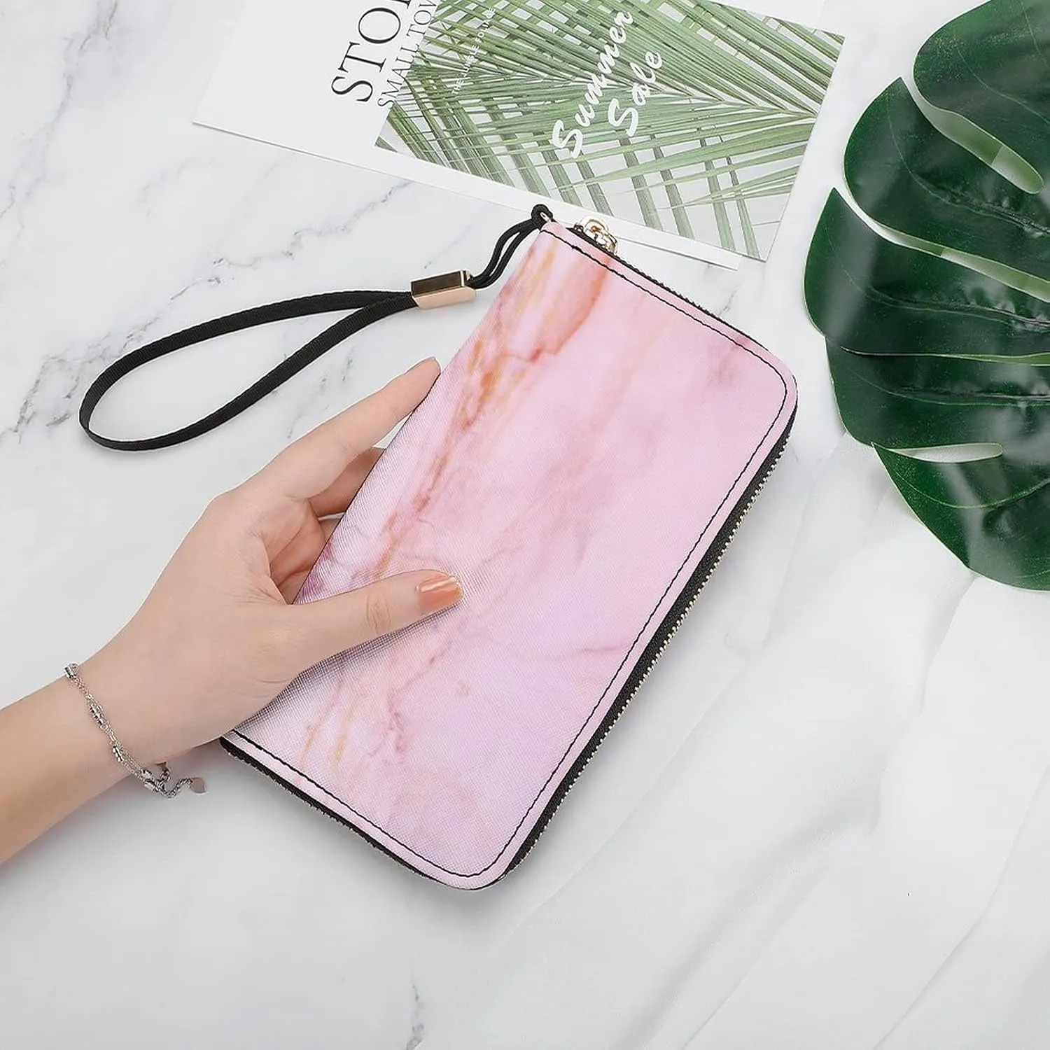 Donnapink Long Clutch Wallet, Long Handbag with Wristlet Strap, PU Leather Zip Purse