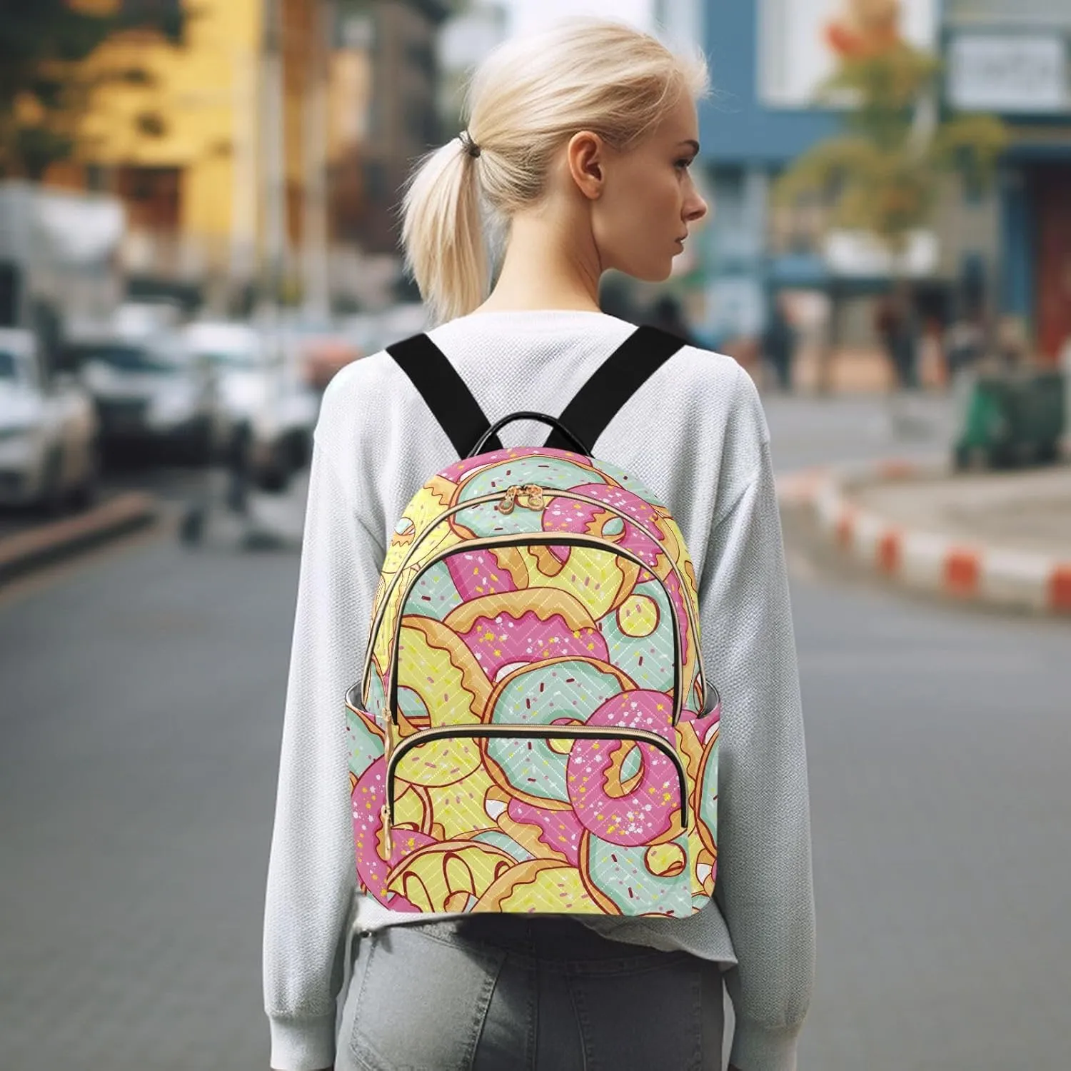 Donut Mini Backpack Women's Quilted Small Backpack Purse for Women College Fashion Travel Daypack Shoulder Bag