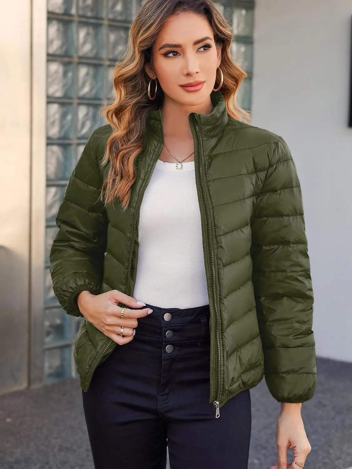 Down Jacket Women Packable Lightweight Puffer Jacket Quilted Stand Collar Winter Coat