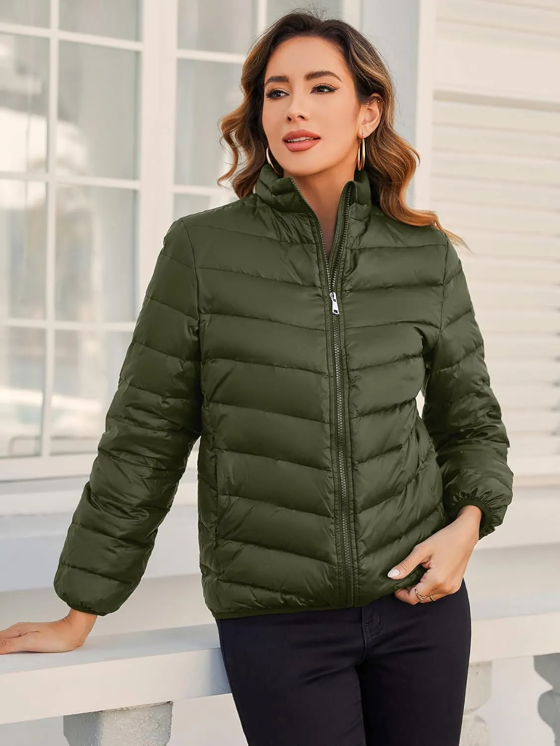 Down Jacket Women Packable Lightweight Puffer Jacket Quilted Stand Collar Winter Coat