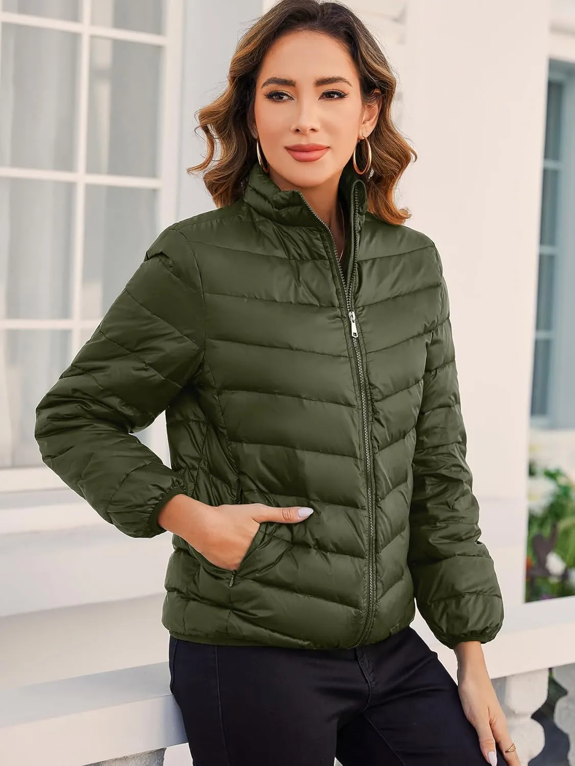 Down Jacket Women Packable Lightweight Puffer Jacket Quilted Stand Collar Winter Coat