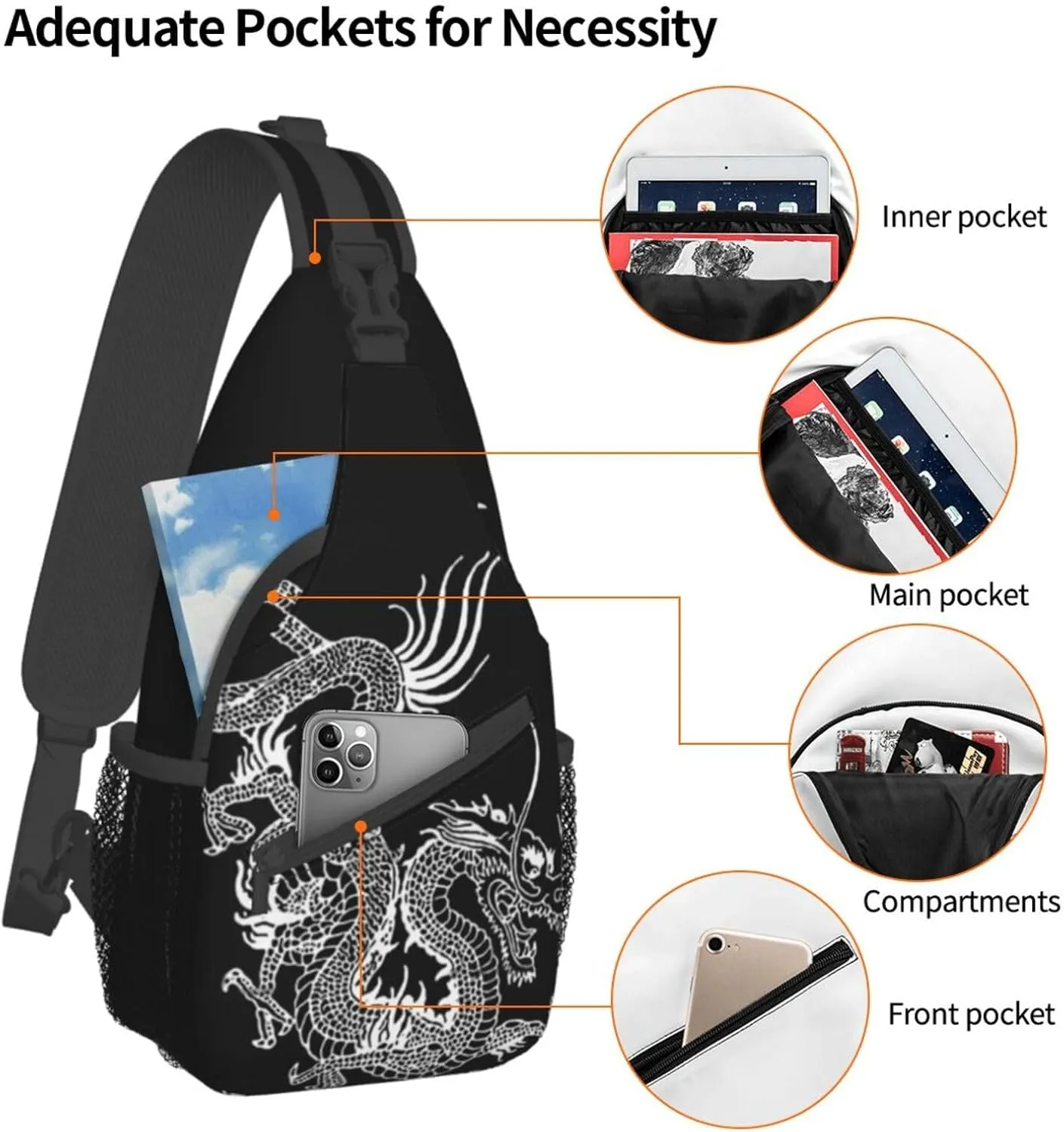 Dragon Shoulder Bag Mens Sling Backpack Daypack Casual Backpack Hiking Bag Cool Backpack Bag