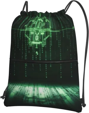 Drawstring Backpack with Zip Pockets, Matrix Code Digital Art Print Lightweight string Bag Travel Gym Sack, Hiking, Yoga