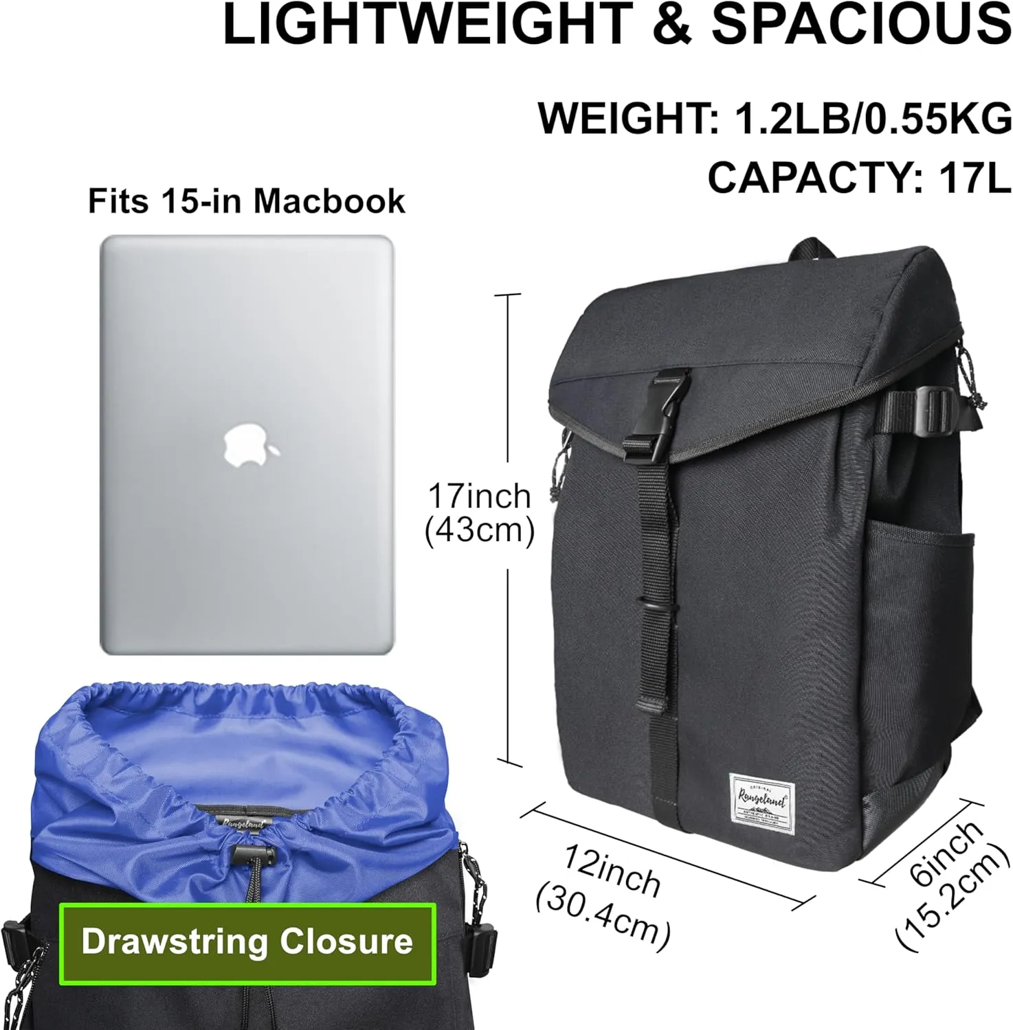 Drawstring Flap Backpack Rucksack Lightweight Travel Laptop Backpack for Women Men Carry-on Daypack 17L Commute Gym Sport, Black