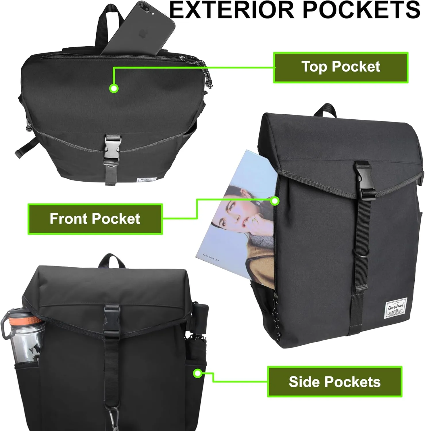 Drawstring Flap Backpack Rucksack Lightweight Travel Laptop Backpack for Women Men Carry-on Daypack 17L Commute Gym Sport, Black