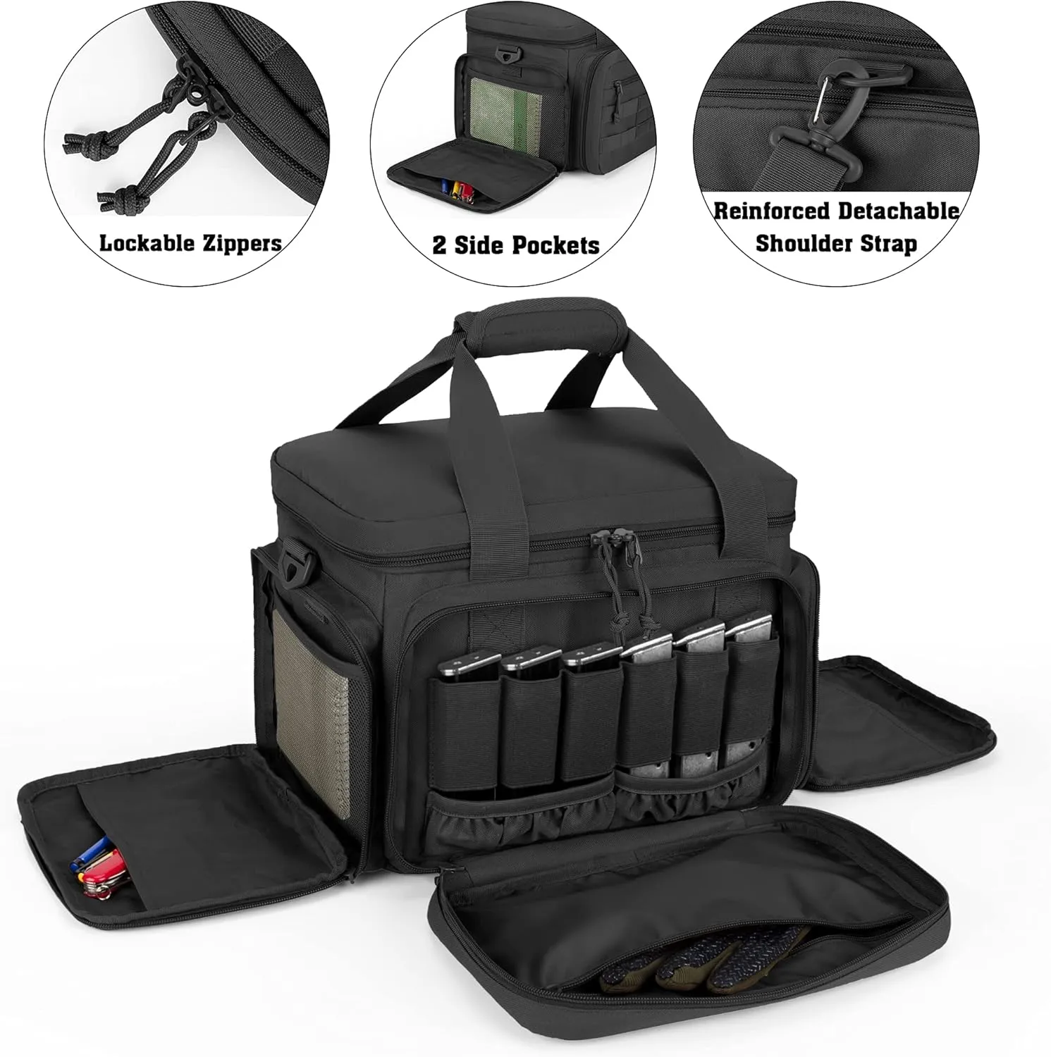 DSLEAF Tactical Gun Range Bag for 4 Handguns, Pistol Shooting Range Bag with 6X Magazine Slots and Extra Pockets for Ammo and Essentials