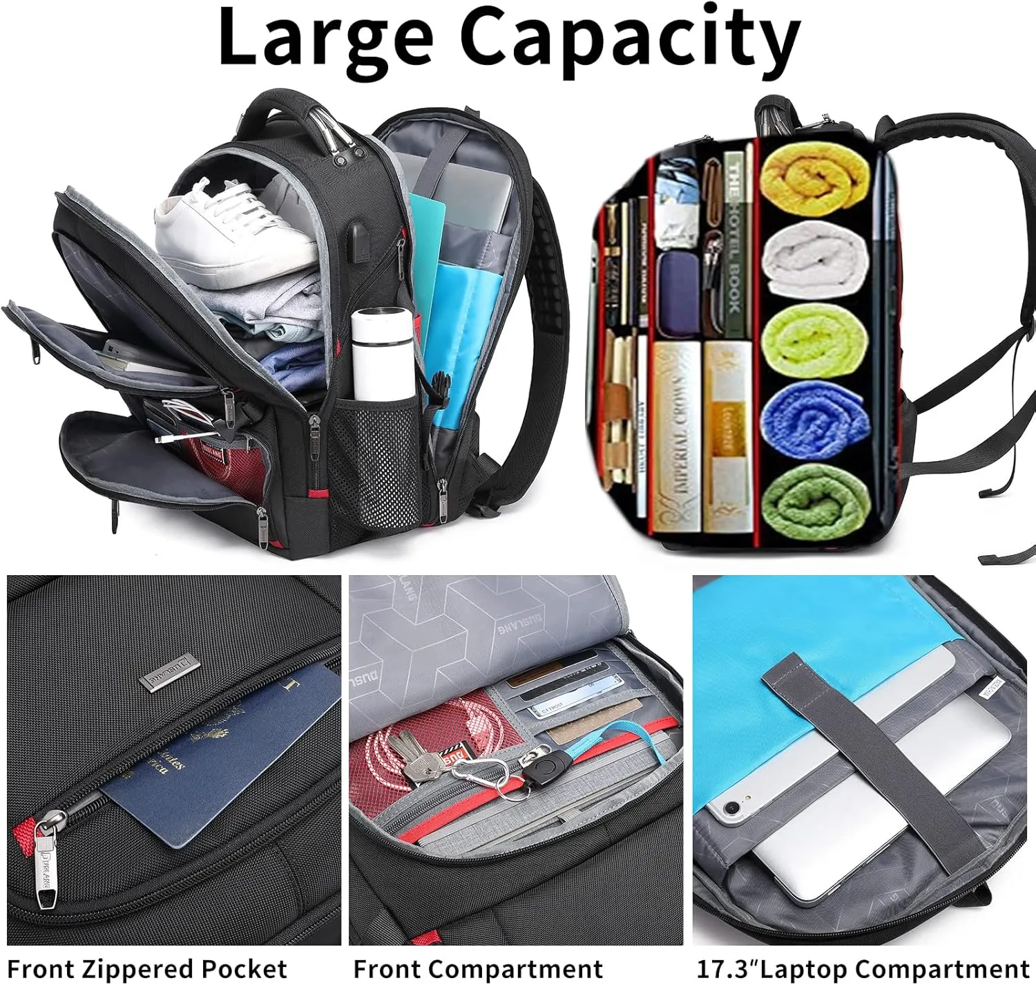 DUSLANG 50L Travel Laptop Backpack with TSA Lock for Men Women, Extra Large Heavy Duty Big Carry on Backpack for Weekend Airline Approved Fits 17 Inch Computer, Black