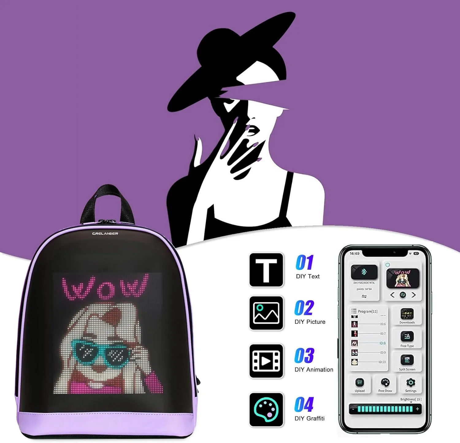 Dynamic Backpack, Smart LED Backpack Mini Fashion Shoulder Bag Programmable Daily Use Cycling Travel Daypack App Control (purple)
