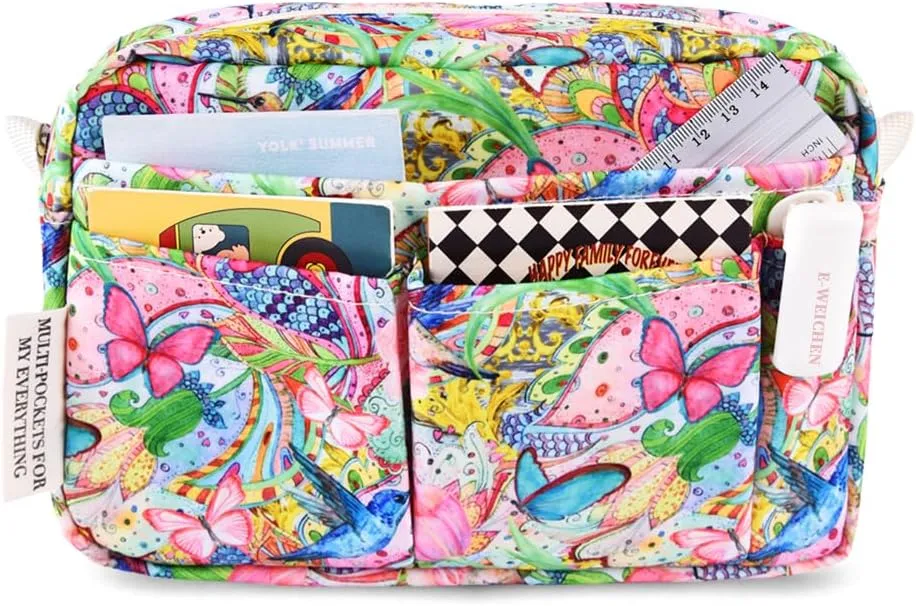 E-WEICHEN Multiple Pockets Portfolio Organizer with Zippered, Makeup Bag Travel Essentials for Women, Simple Waterproof Stationery Pencil Pouch Bag for Journal Office Art Supplies.Flowers and Birds