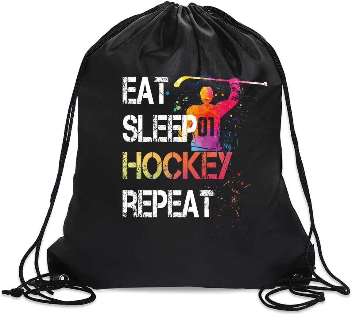 Eat Sleep Hockey Repeat Drawstring Backpack For Men Women, Waterproof Sport Sackpack For Hockey Lover Hockey Fan, Funny Birthday Christmas String Gym Bag Gifts For Her Him