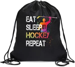 Eat Sleep Hockey Repeat Drawstring Backpack For Men Women, Waterproof Sport Sackpack For Hockey Lover Hockey Fan, Funny Birthday Christmas String Gym Bag Gifts For Her Him