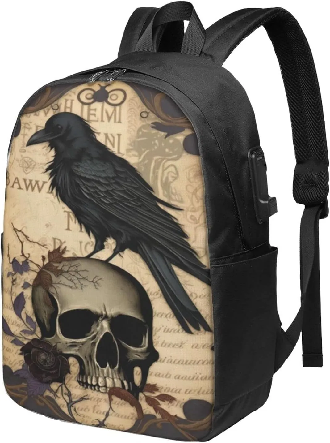 Edgar Allan Poe The Raven Skull Laptop Backpack, Travel Backpack with USB Charging Port, Computer Bag for Men Women