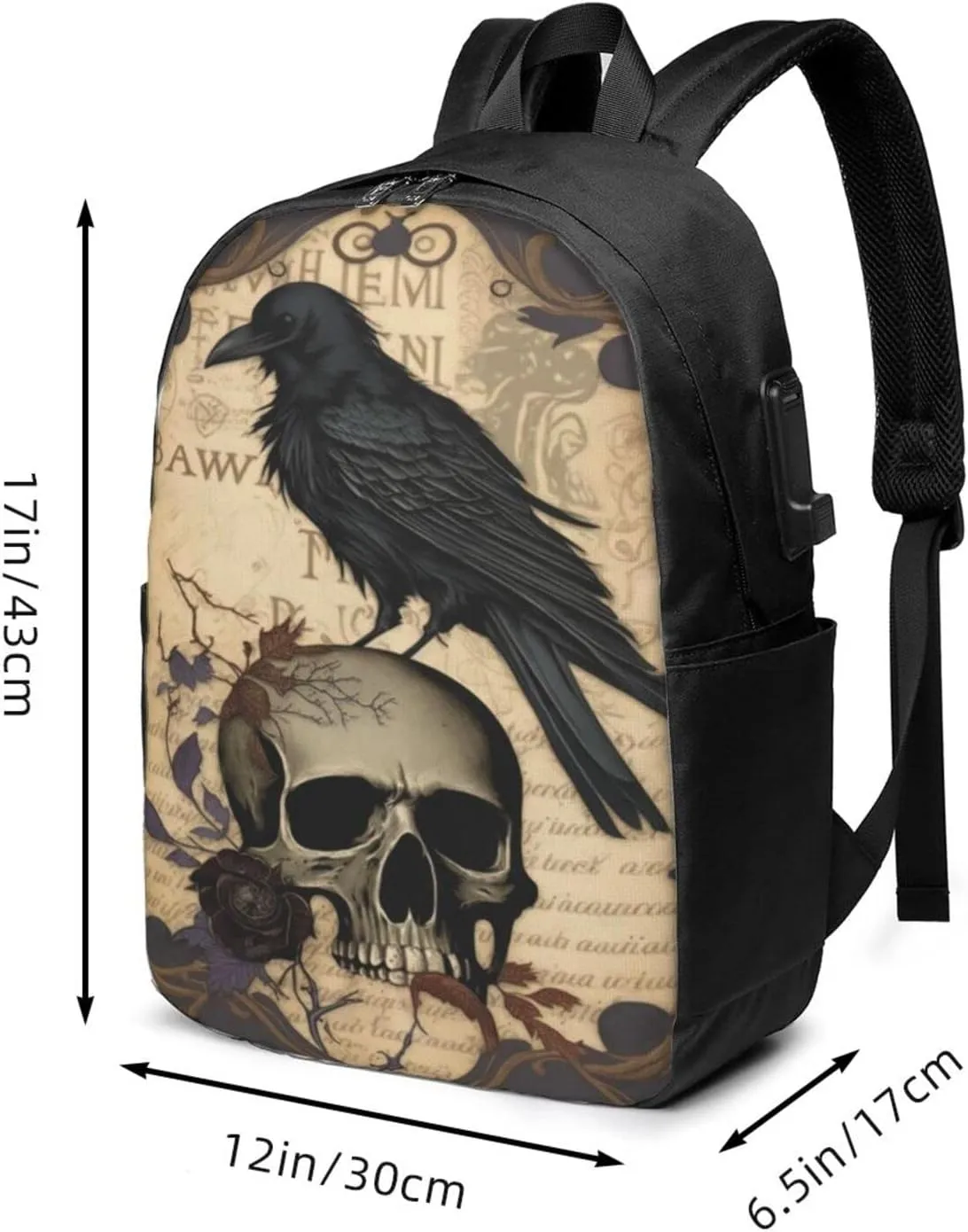 Edgar Allan Poe The Raven Skull Laptop Backpack, Travel Backpack with USB Charging Port, Computer Bag for Men Women